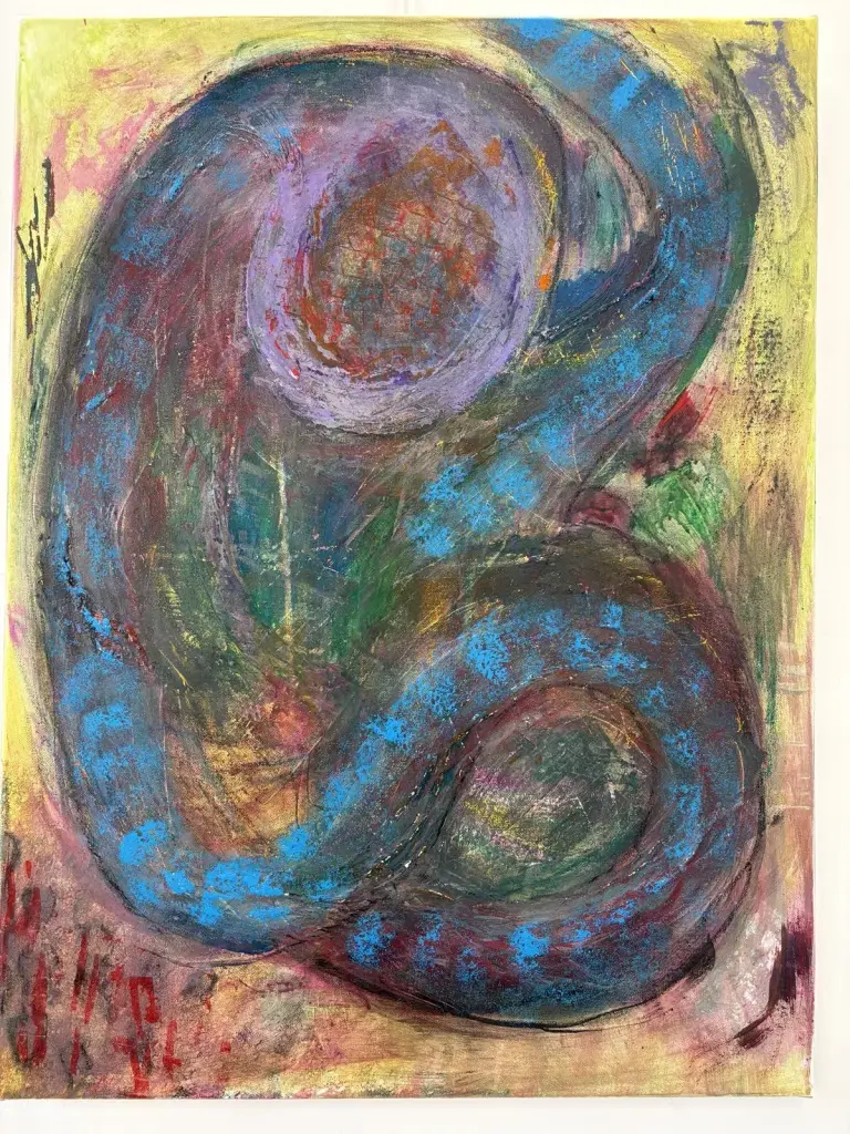 La Femme Serpent — acrylique et pastels sur toile 60 × 80 cm, MORIS · Unfocus Art (2026)